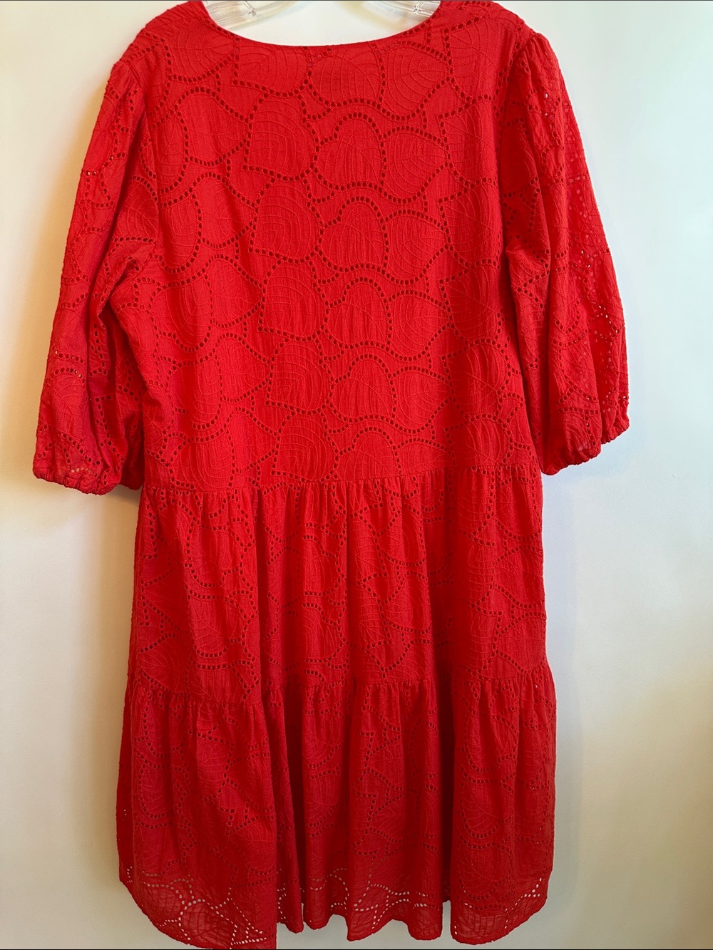 Foil Poppy Red Eyelet V-Neck Tiered Midi Dress - Picture 4 of 11
